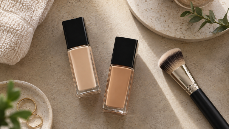 Liquid foundation bottles with a makeup brush