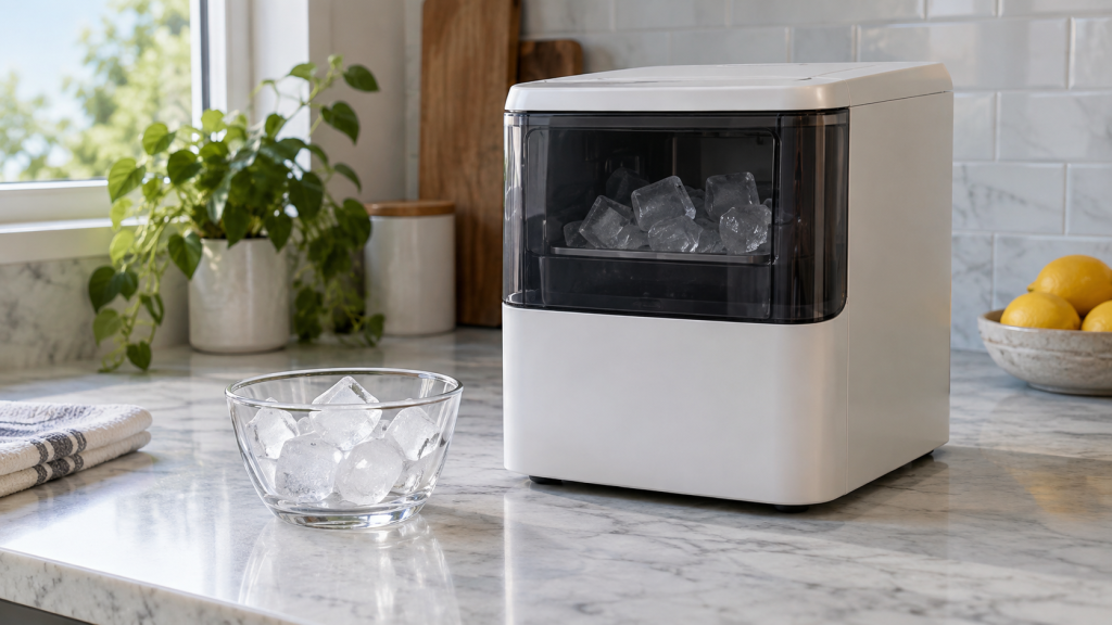 Unbranded countertop ice maker beside a bowl of clear ice cubes