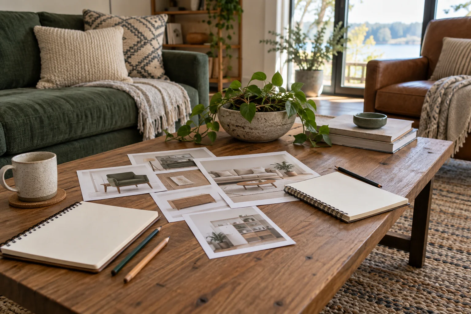 Notebooks and furniture catalog pages on a shared living room table