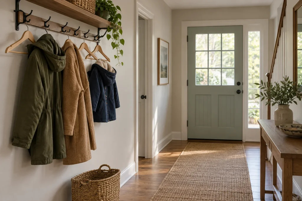 Three coats and empty hangers on a hallway rail above a clear floor