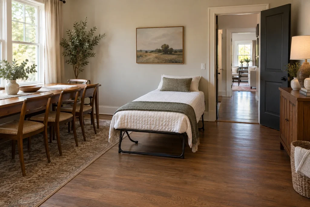 Dining table along a wall beside an open adult folding bed and clear doorway