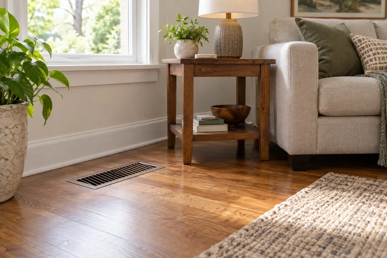 Uncovered floor register beside a wooden side table and sofa