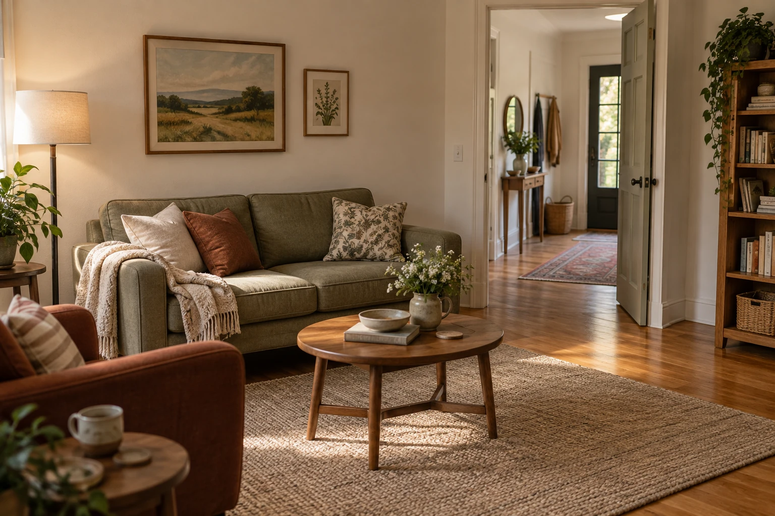 Living room with a doorway near the corner and seating arranged beside an open walking route