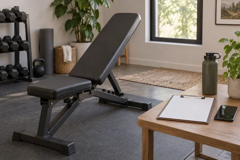 Exercise bench with a clipboard and phone on a separate table