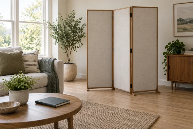Freestanding folding room screen beside a notebook in a bright living room