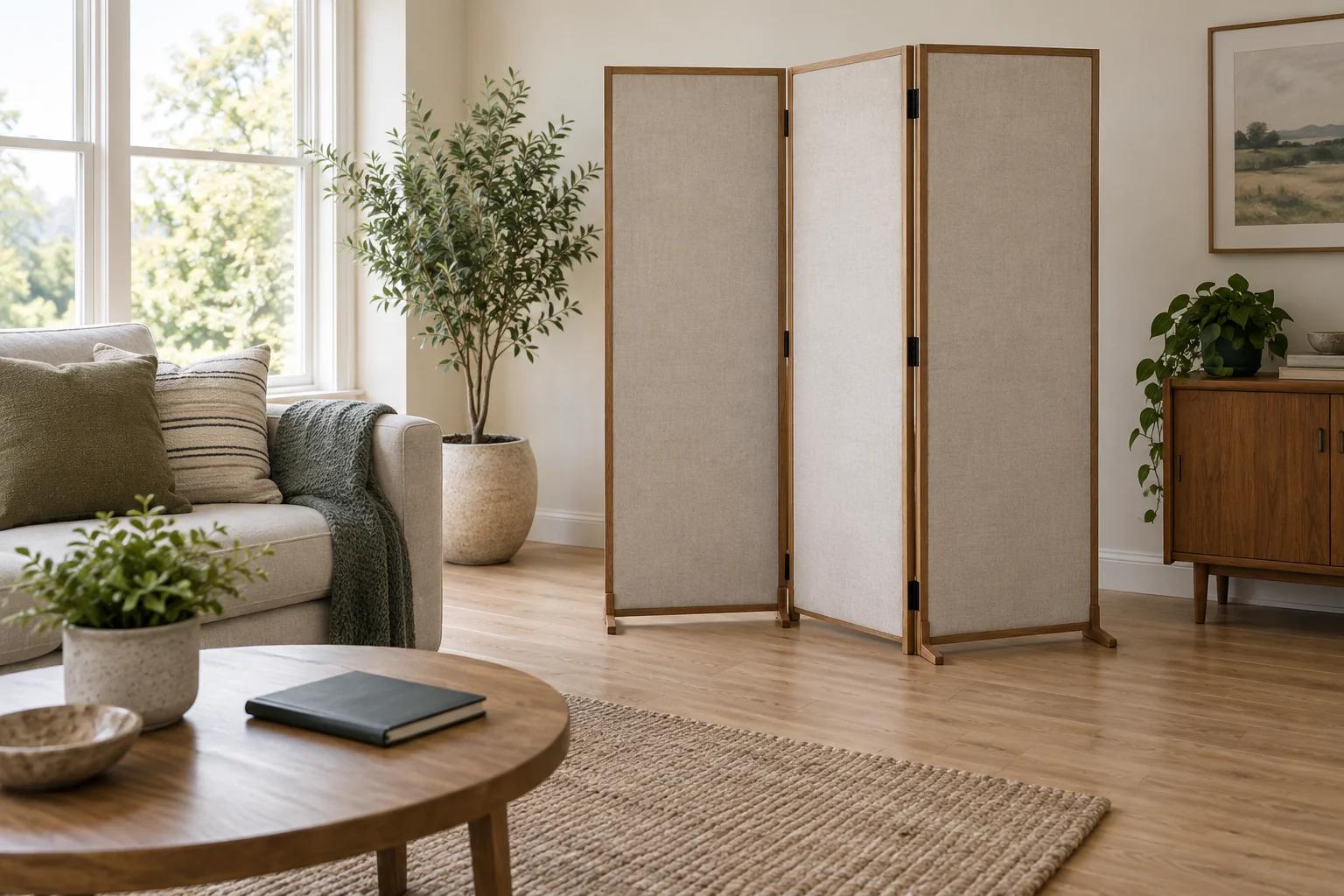 Freestanding folding room screen beside a notebook in a bright living room
