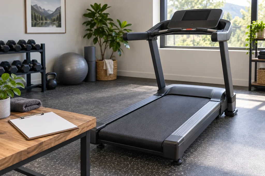 Stationary treadmill with a blank clipboard on a nearby table