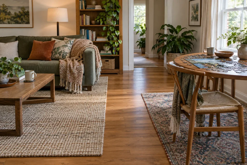 Living room with a sofa zone and a separate small puzzle and reading table