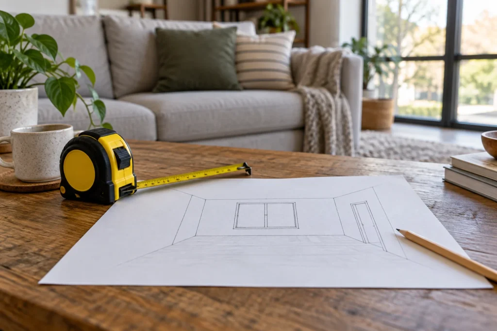 Tape measure and pencil beside a room sketch on a table