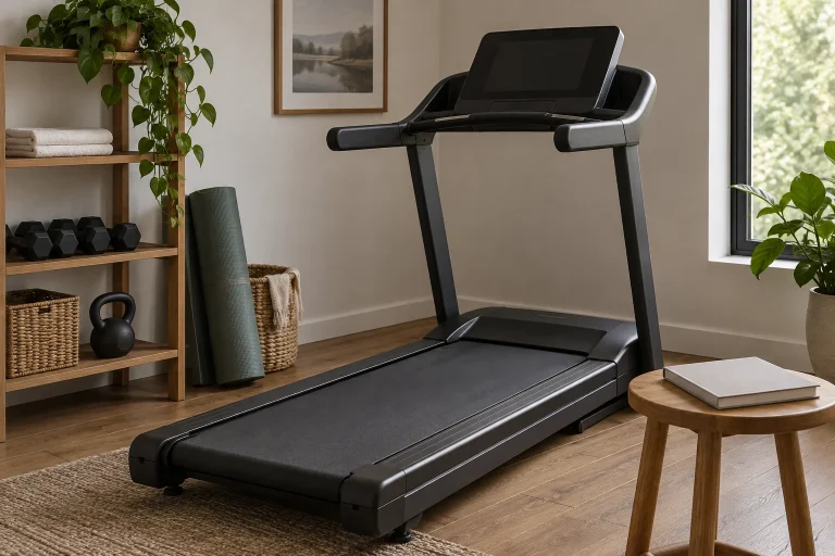 Switched-off treadmill with a dark display and a closed manual nearby