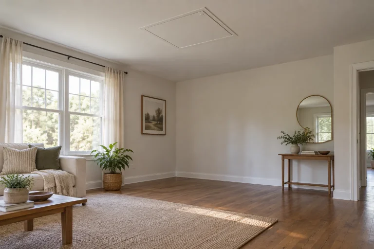 Closed ceiling hatch above an open floor area with a small table to one side
