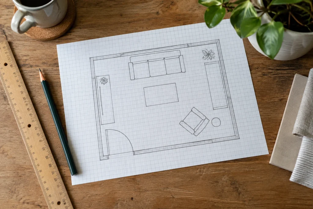 Paper room plan showing a door swing arc beside furniture shapes and a ruler