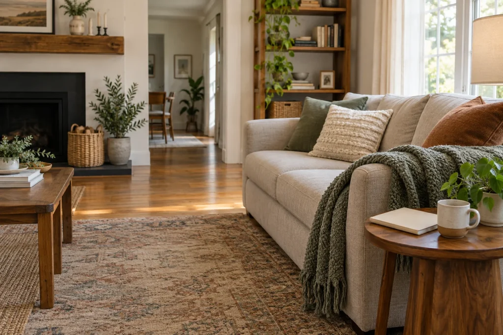 Living room with a clear route beside a sofa and a planning notebook on a table