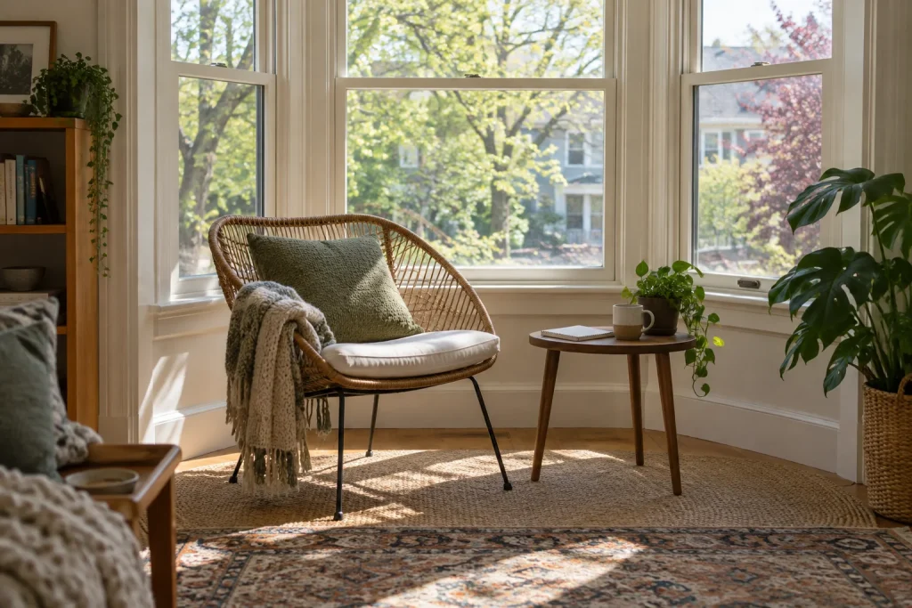 Angled bay-window alcove with a chair and a measuring notebook nearby