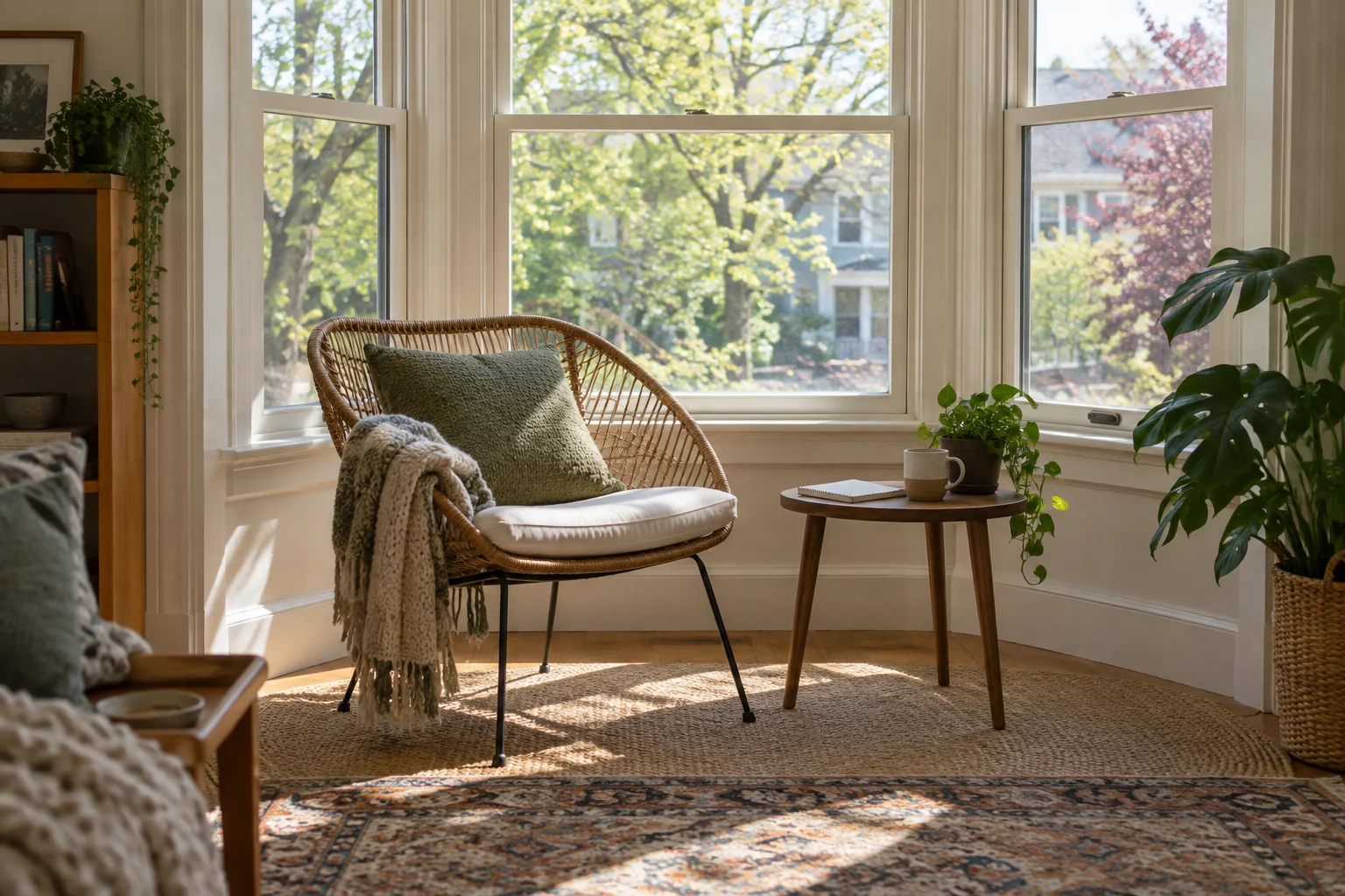 Angled bay-window alcove with a chair and a measuring notebook nearby