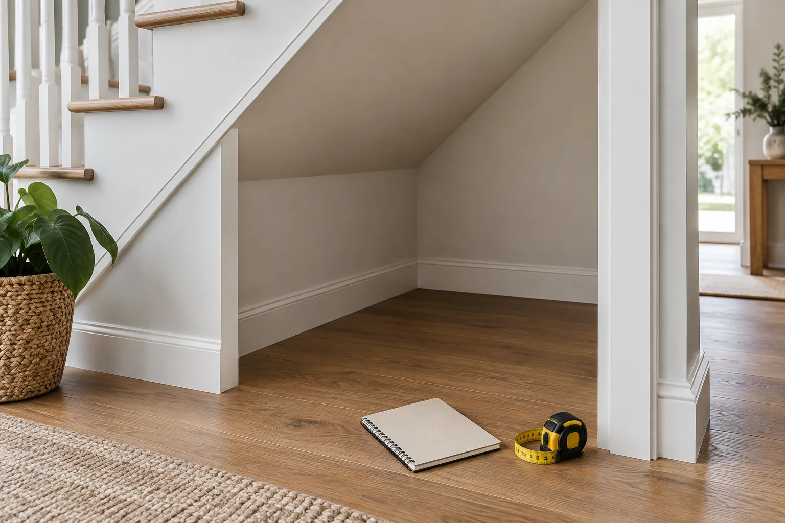 Empty under-stair recess with a tape measure and notebook nearby