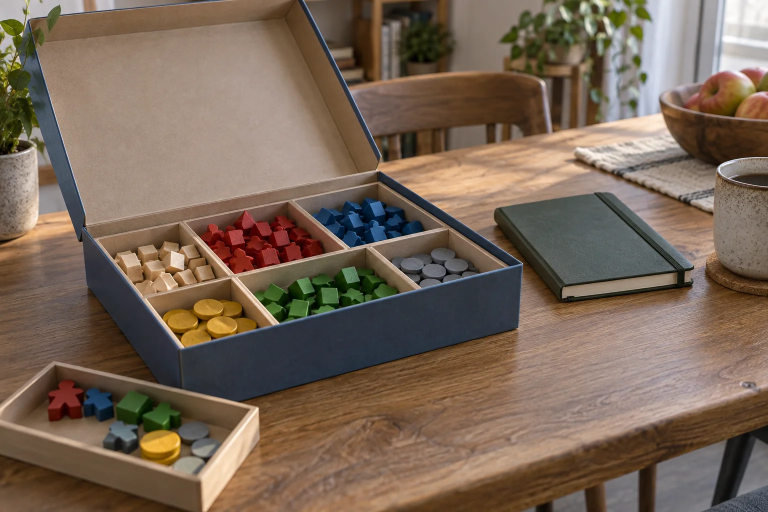 Board-game pieces sorted into trays beside an open box and notebook