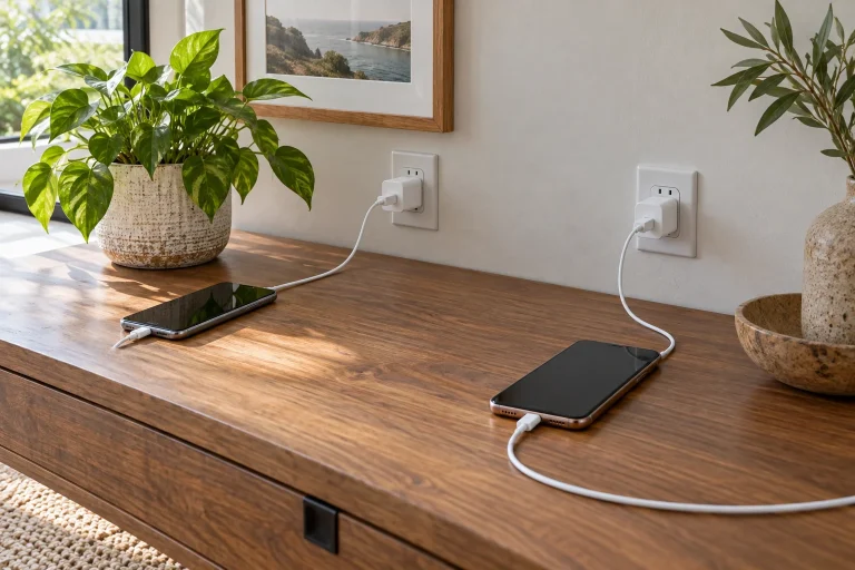 Two phones and separate charging cables on an open tabletop