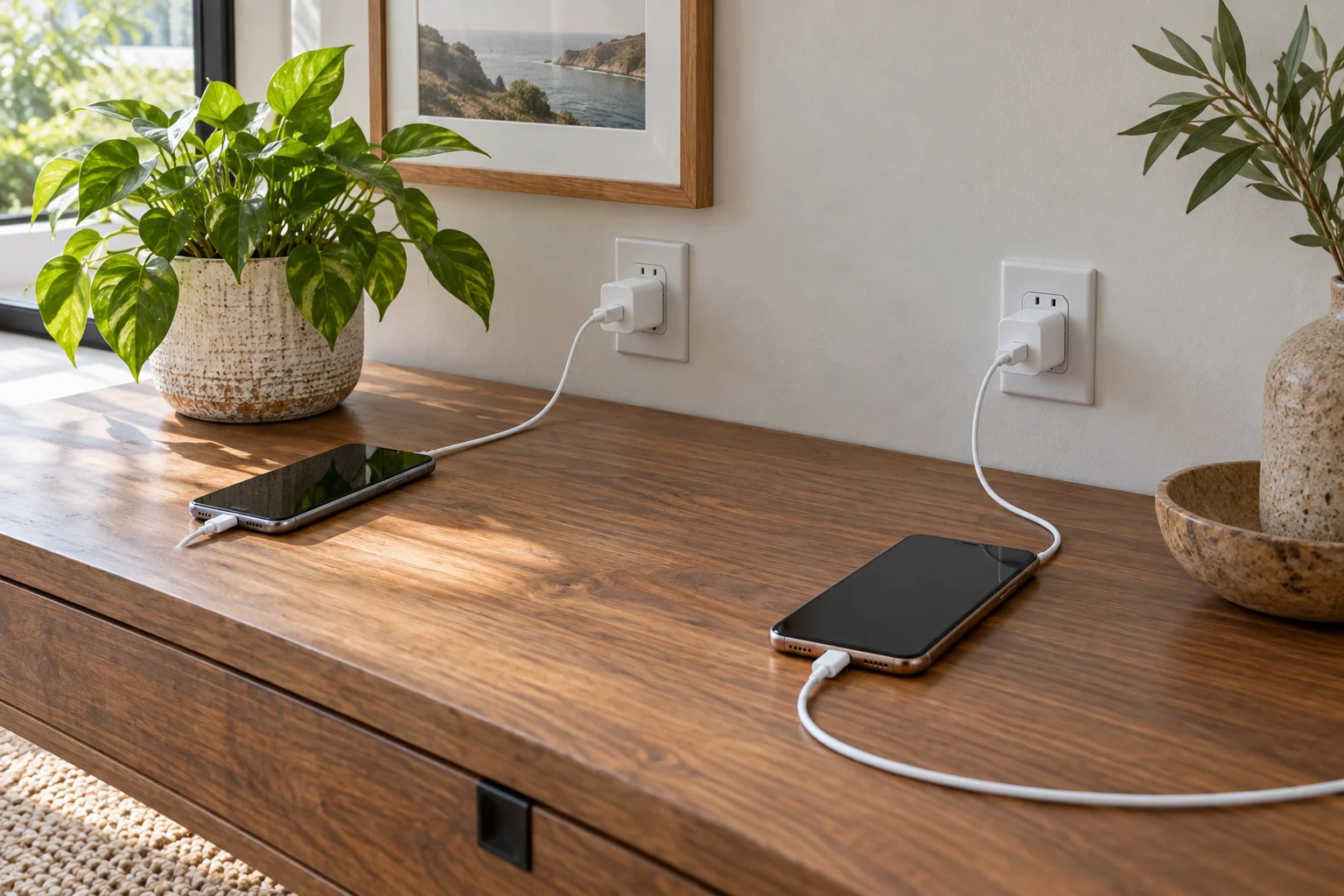 Two phones and separate charging cables on an open tabletop