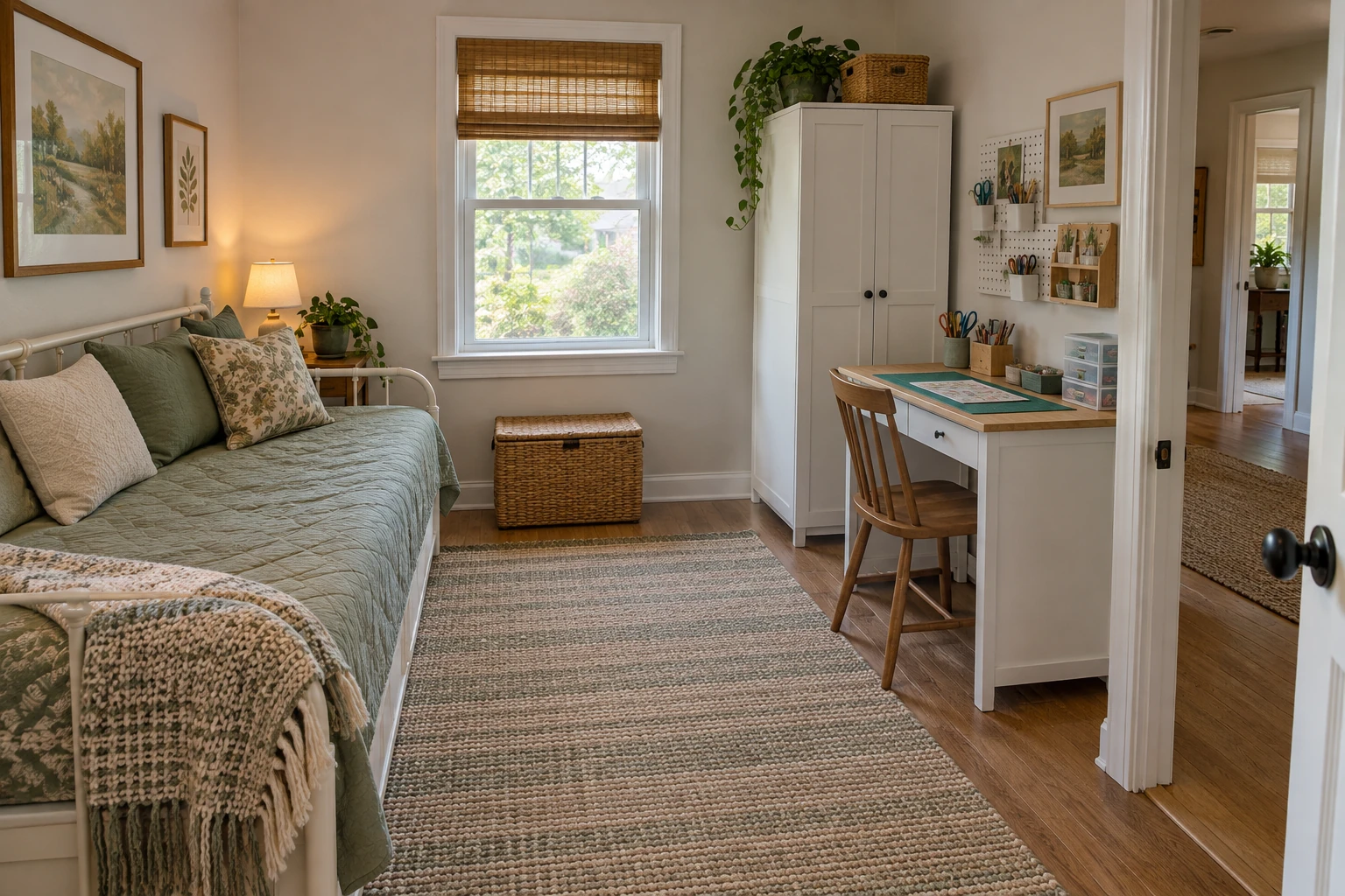Small guest room with a daybed, compact hobby table and closed storage beside a clear doorway