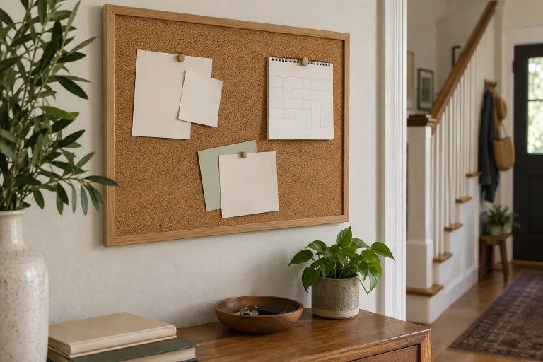 Cork noticeboard with separated groups of blank paper cards