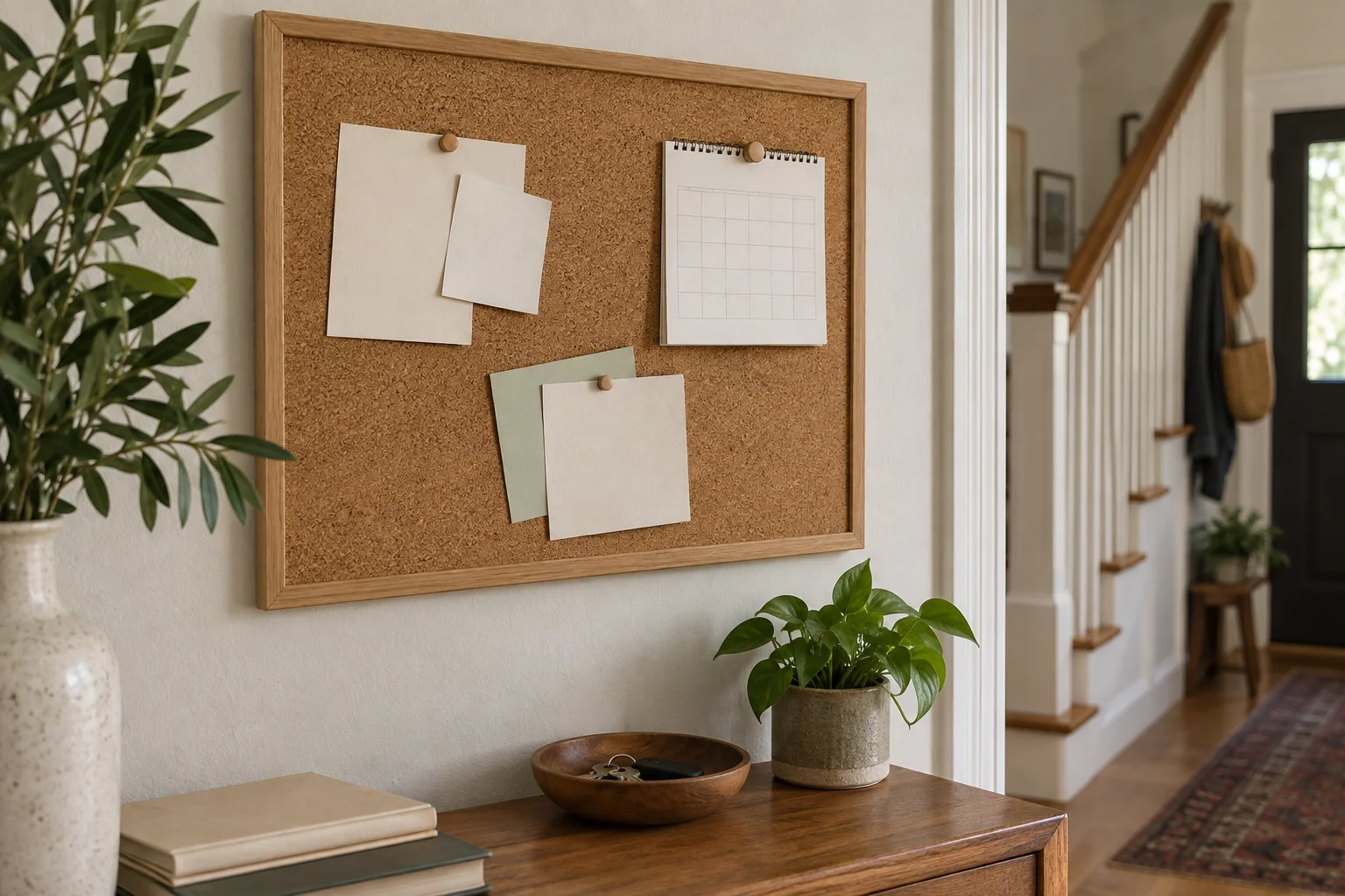Cork noticeboard with separated groups of blank paper cards