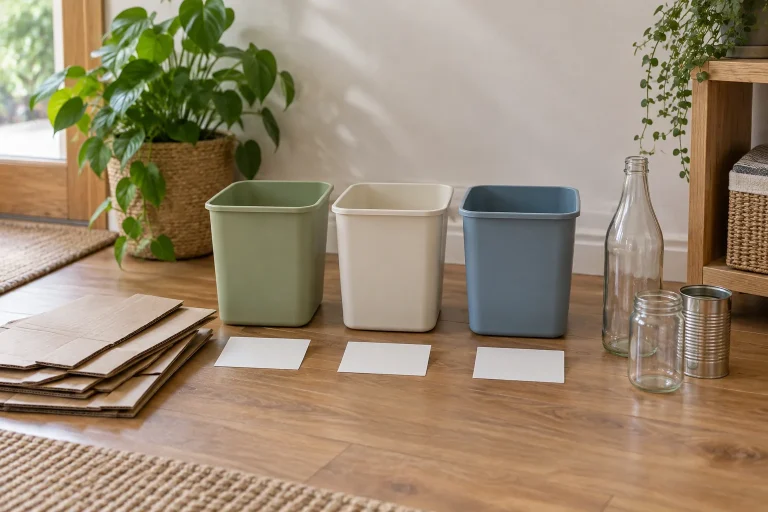 Plain sorting bins beside flattened cardboard, empty bottles and blank label cards