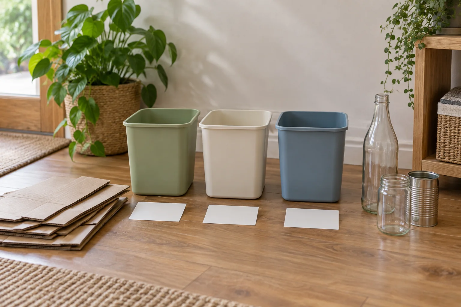 Plain sorting bins beside flattened cardboard, empty bottles and blank label cards