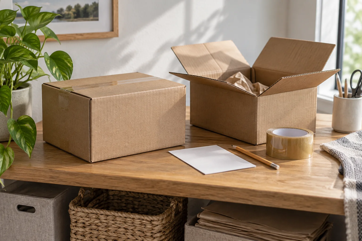 Plain return parcels with blank paper and packing tape on a shelf
