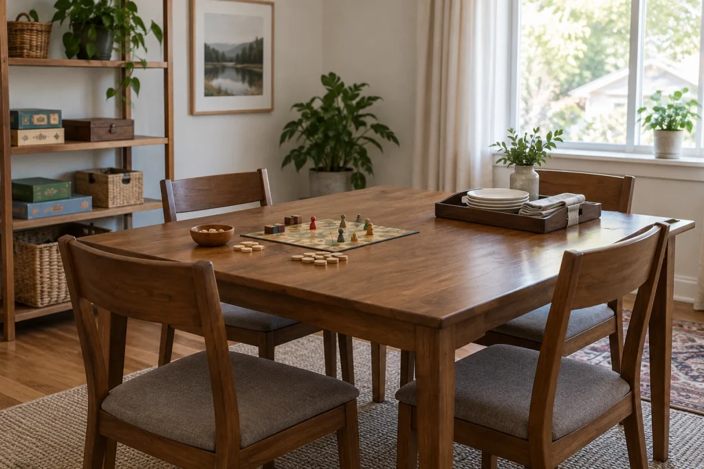 Everyday dining table arranged for a board game with nearby closed storage and unobstructed chairs