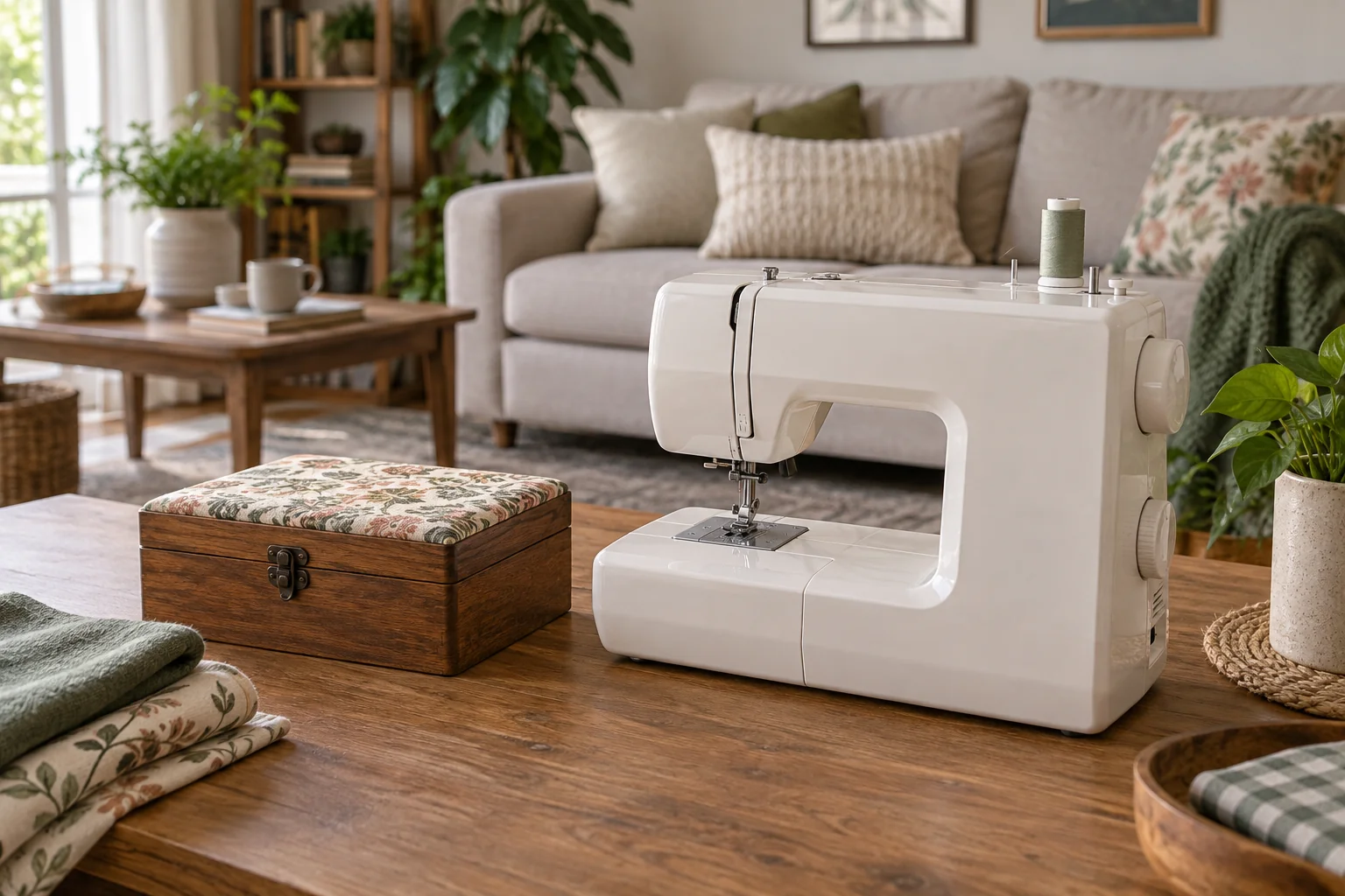 Sewing machine on a sturdy table beside a closed notions box