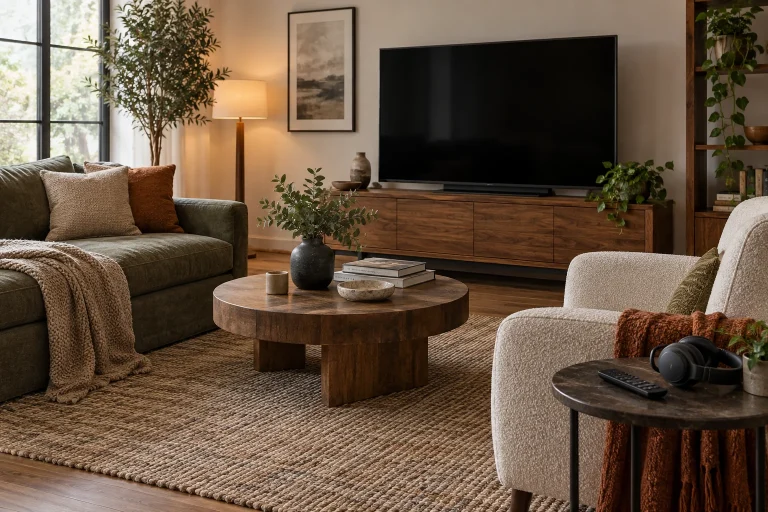 Remote control and headphones on a side table in a shared television room