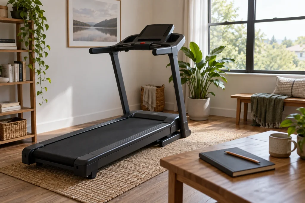 Stationary treadmill with a notebook on a separate nearby table