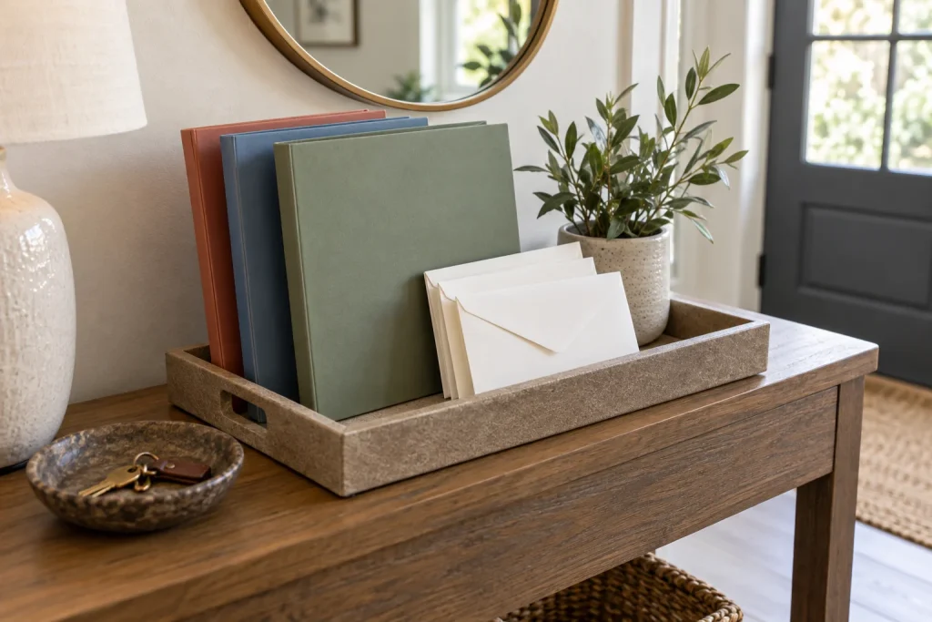 Closed document folders and blank envelopes in an entryway tray