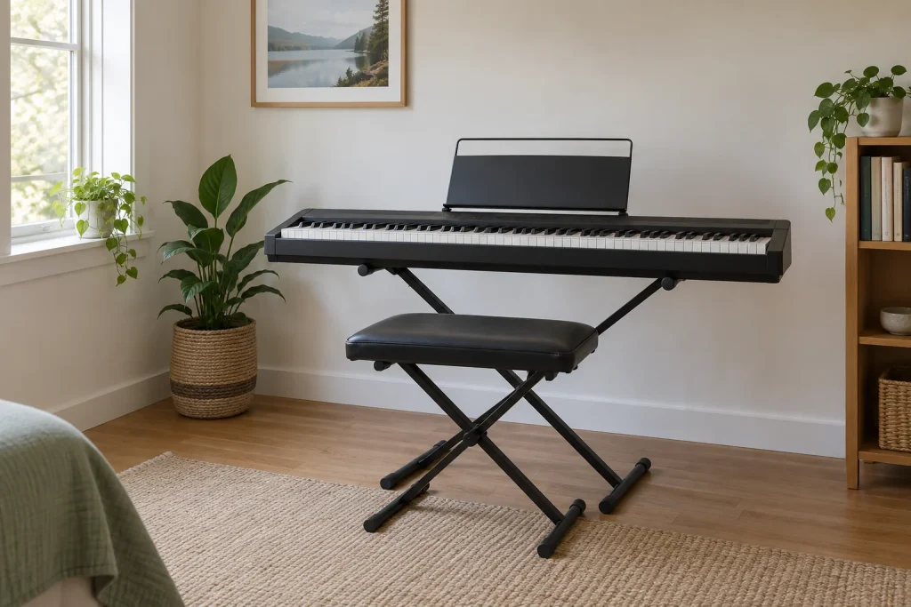 Digital keyboard with a bench and integrated music rest in a simple spare room